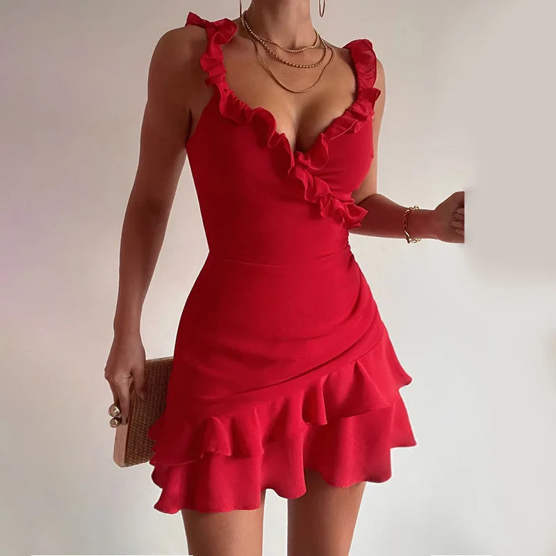 Sexy Suspender Mini Dress Ruffled Splice Sexy Plunge Hot Girl Frill Sleeveless Bodycon Dress Female Beach Party Outfits