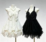 Pbong  French Style Sweet Cute Polka Dot Splicing Dress Lace Bow Korean Fashion Dresses New Design Slim Waist Lady Y2k Mini Dress