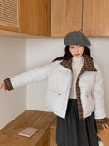 Winter Retro Puffy Parkas Women Warm Thick Plaid Patchwork Cute Coat Casual Preppy Style Korean Long Sleeve Cotton Jackets