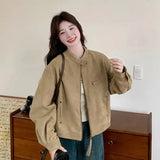 Women Faux Suede Y2K Jacket Streetwear Loose Long Sleeve Vintage Coat American Casual Harajuku Retro Stand Collar Fall Tops