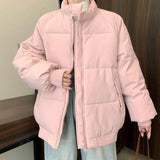 Preppy Style Sweet Pink Parkas Women Vintage Long Sleeve Winter Thick Warm Cotton Jacket Casual Stand Collar Loose Outwear