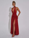 Glitter Deep V Neck Sexy Maxi Dress For Women Gown Fashion Sparkle Halter Sleeveless Backless Split Club Long Dress