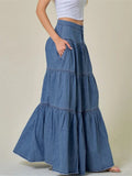Pbong  Women's Denim Long Skirt High Waist Layered Ruffle Flowy A-Line Jean Skirt for Summer Fall