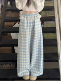 Pbong  Sweet Blue Plaid Pants Women Lace Patchwork High Waist Trousers Korean Fashion Loose Female Spring Elegant Wide Leg Pants