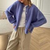 Pbong  Women's Knit Outerwear Solid Color Cardigan Fuzzy Long Sleeve Button Down Sweater Soft Knit Tops