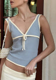 Fantoye Knitted Deep V-neck Bow Women Crop Top Blue Patchwork Spaghetti Strap Tank Top Female Spring Slim Casual Streetwear 