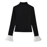 Pbong  Patchwork Flare Sleeve Woman T Shirts Turtleneck Tunic Bodycon Tees Chic Korean Y2k Tops Casual All Match Tshirt