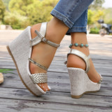 Pbong  Summer Women Woven Upper Wedge Sandals Ankle Strap Platform Open Toe Non-Slip Sole Beach Holiday Casual Walking Shoes