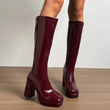 Pbong  Wine Red Patent Boots Boots Women Sexy Square Toe Tube Long Boots Woman Platform Super High Heel Botas Mujer