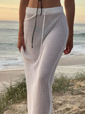 Hollow Out Knit Long Skirt For Women See-Through Casual Holiday Beach Skirt Outfits Solid Knitwear Lace-Up Women Y2k Skirt