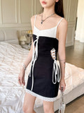 Pbong  Sexy Backless Waistless Drawstring Mini Lace Dresses Summer Women Dress New SKinny High Waist PATCHWORK Fake 2-Piece Sling Dress