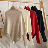 Asymmetric Knit Poncho Sweater for Women Soft Rib-knit Turtleneck Long Sleeve Pullovers Female Tops Autumn Winter Casual Outfit