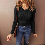 Pbong  New Autumn Winter Solid Color Knitted Tops Women's Round Neck Long Sleeved Button T-Shirt Fashion Pullover Lady Clothes