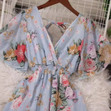 Pbong  Romantic Floral Print Chiffon Maxi Dress Women Sexy V-neck Backless Beach Vestidos Elegant Elastic Waist Party Dress