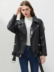 PU Faux Leather Jacket Women Loose Sashes Casual Biker Jackets Outwear Female Tops BF Style Black Leather Jacket Coat