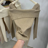 Women Off the Shoulder Sweater Top Ribbed Knit Long Sleeve Pullover Fitted Plain Jumper Ladies Fall Winter Elegant Outfit