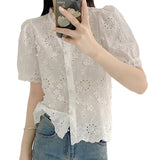 Pbong  Cute Retro Lace Tops Summer Short Sleeve Button Basic Shirts Women Vintage Stand Collar Mesh Hollow Out Crochet Lace Top