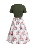 Colorblock Textured Lace Insert Floral Pattern Lace Up Vacation Faux Twinset Dress Short Sleeve High Waisted A Line 2 in Dress