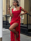 High Quality Summer Elegant Maxi Chiffon Dress Woman  Trendy Square Neck Long Ruffle Party Evening Dress Red