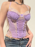 Contrast Lace Patchwork Black Goth Y2K Camisole Women Front Ruched Back Cross Slim Cute Mesh Crop Top