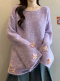 Sweet Floral Chic Sweater Women O Neck Cute Long Sleeve Knitted Jumpers Fashion Preppy Style Loose Lazy Wind Lady Fall Pullover
