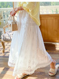 Embroidered Hollow Lace Spliced White Long Skirt 2025 Spring Summer New Elastic Waist Cotton A-line Vacation Beach Boho Skirt