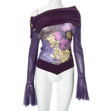 Off Shoulder Flare Sleeve Asymmetrical Tops Purple Print Mesh Shirts Graphic Tee Y2k Fall Clothes Women
