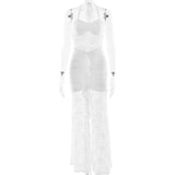 Halter Lace Draped Ruched Sexy Maxi Dress Women 2025 Summer Patchwork Backless Slit Slim Long Dress Female Vacation Beach Dress