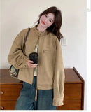 Women Faux Suede Y2K Jacket Streetwear Loose Long Sleeve Vintage Coat American Casual Harajuku Retro Stand Collar Fall Tops