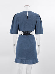 Blue Elegant Women Denim Dresses Short Sleeve Hollow Out Ruffled Dress Office Ladies Ruched Wash Jeans Dress
