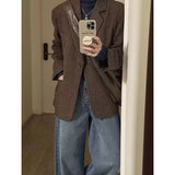 Retro Faux Woolen Blazer Coat Women Harajuku Long Sleeve Fall Winter Y2K Jacket Streetwear American Casual Lady Suit Coat