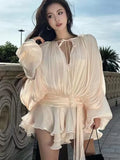 2025 New Fashion Flare Sleeve Satin Short Dress With Tight Shorts Lace-up O-neck Party Women Dress Vacation Beach Summer Cloth