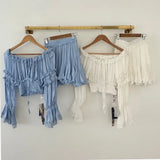 Flare Sleeve Slack Neck Shirts+Ruffle Short Skirt Sets Summer Slim Embroidery Lace Crop Top Sweet Pleat A-line Skirt 2 Piece Set