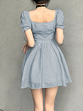 Folds A-Line Square Collar Puff-Sleeve Dress