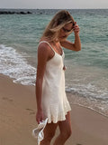 Fashion White Crochet Knit Ruffle Hem Mini Dress Women Sleeveless Backless Loose Sling Dresses Summer Holiday Beach Robes
