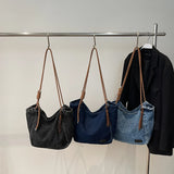 Pbong  Women's Vintage Washed Denim Tote Bag Braided Drawstring Casual Commuter Shoulder Bag Daily Large Capacity Handbag