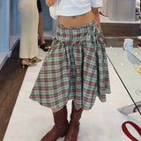 Cottage Plaid Low Low Rise Midi Skirt Vintage Tie-Up Ruffle Hem A Line Skirt Women Gingham Loose Tiered Skirt Y2k Streetwear