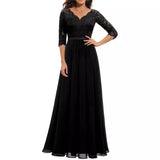 Pbong  New 6-Color 5-Size Lace Splicing Long Waist-Cinching Elegant Dress Floor-Length V-Neck Polyester Fiber Evening Gown Dress