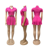 Knitted Pleated A-line Skirt Sets Womens 2 Piece Outfit Zipper Turn-down Collar Crop Top and Mini Skirts New in Matching Sets