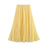 Pbong  Women Crinkle A-line Midi Butter Yellow Skirt Elastic Waist Spring Summer Holiday Elegant Skirts New faldas mujer
