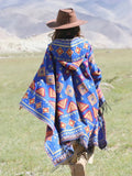 Pbong  Bohemian Vintage Chic Cloaks Capes Hooded Blue Women Autumn Warm Knitted Ethnic Capes Tassels Cloak Poncho Outwear New