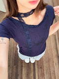 Pbong  O Neck Patchwork Lace Woman Tshirts Korean New Printing Tunic Pleated Tops Fashion Casual Y2k Slim Fit T Shirt