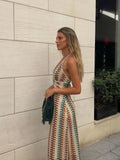 Women Colorful Printing Crochet Knit Long Dress Sexy Deep V-neck Backless Sleeveless Bodycon Robe 2025 Lady Vocation Dresses