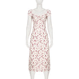Pbong  Holiday Fashion Floral Printed Lace Patchwork Dress Romantic Elegant Slimming Straight Square Neck Midi Sundress Women's Dresses