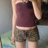 Pbong  American Style Vintage Leopard Printed Denim Shorts Women Sexy Y2K Low Waist Bandage Shorts Summer Grunge Short Jeans