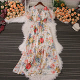 Pbong  Romantic Floral Print Chiffon Maxi Dress Women Sexy V-neck Backless Beach Vestidos Elegant Elastic Waist Party Dress
