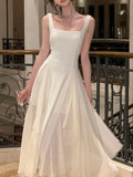 Ruffles Evening Party Dress for Women Elegant Sleeveless Square Collar A Line Solid Summer Prom Robe Korean Vestidos