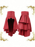 Pbong  Women Gothic Steampunk Pirate Skirt Front Lace-up Tiered Ruffled Irregular Hem Skirt Waist Belt Vintage Medieval Costume