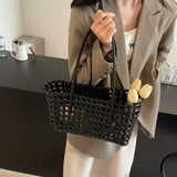 Small Solid Color Weave Tote Bags for Women Fashion Summer Shoulder Bags Simple Handbags Hollow Out Beach Bag