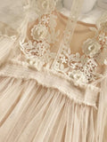 New Women Party Lace Flower Dress Gauze Lantern Sleeve Voile Long Dress Female Retro Hook Princess Dress 2 Piece Set